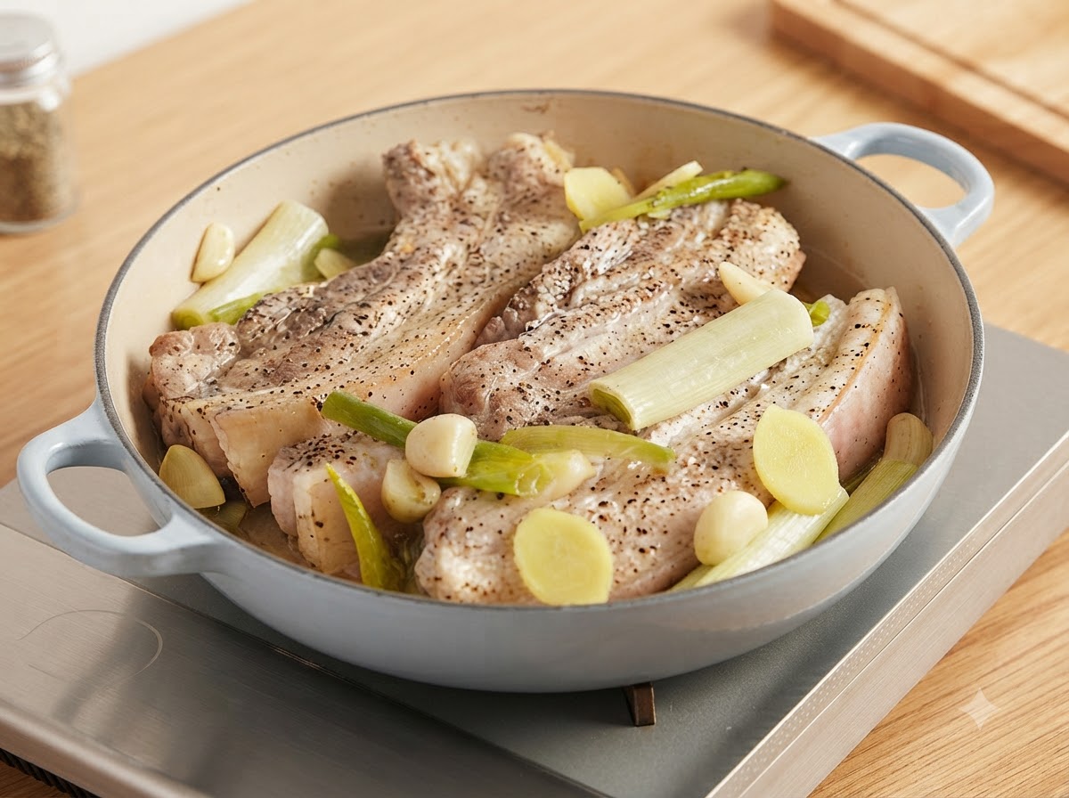 野菜のスープがグツグツと煮立つ鍋の中で、トングを使って半分ほど火の通った豚バラ肉を裏返している様子。