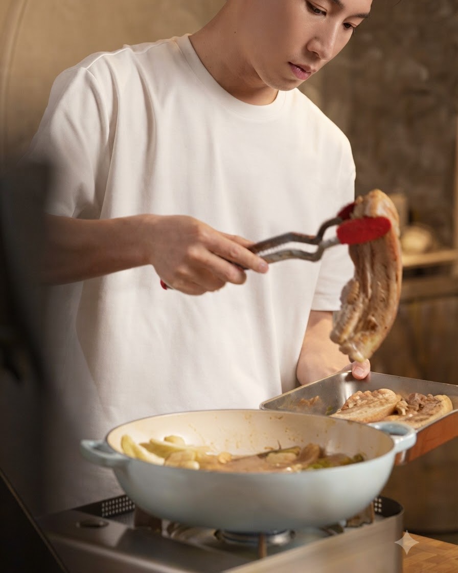 鍋の底にある調理済みの野菜の切れ端を、トングを使って横のトレイに取り出している人物の手元。