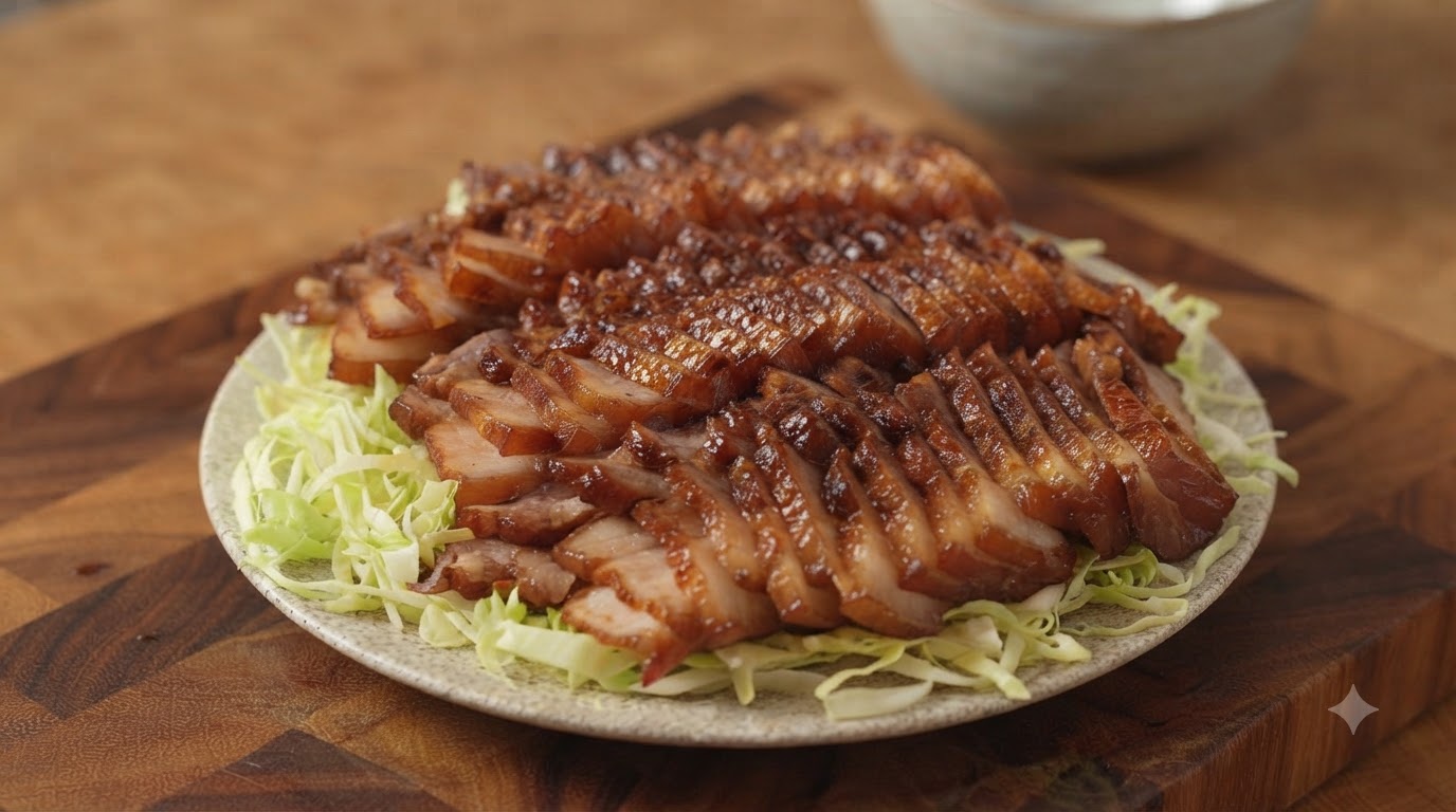 細切りのキャベツの上にきれいに並べられた、薄切りでツヤのある豚バラ肉のクローズアップ。