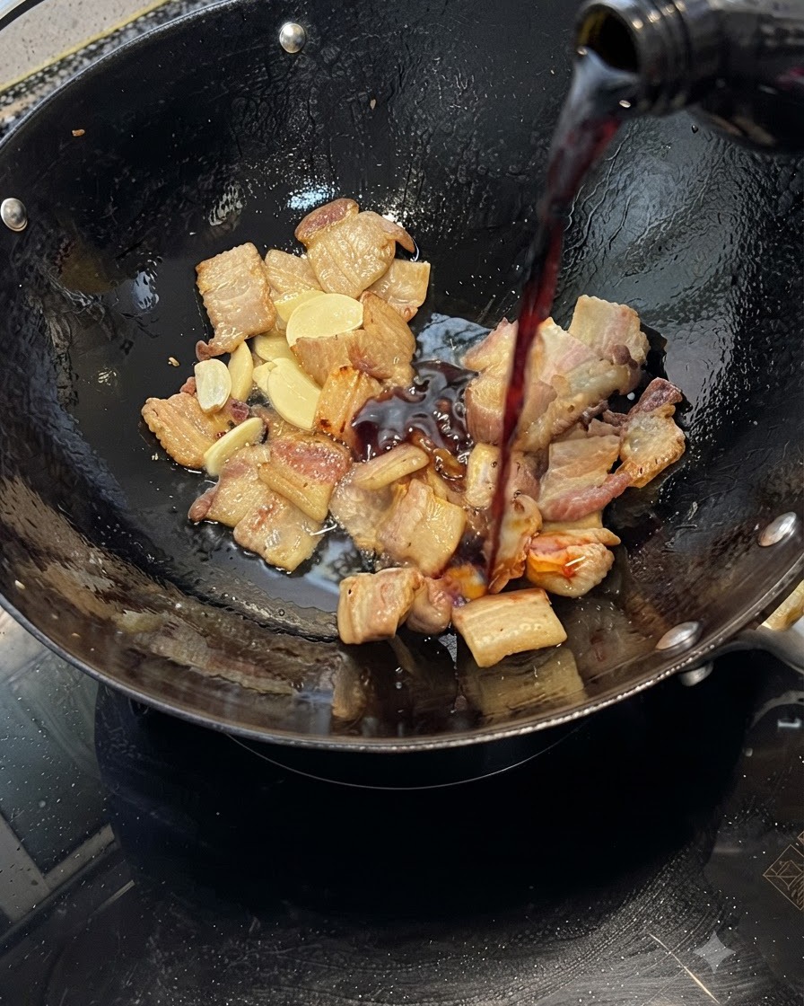 ボトルから濃口醤油が中華鍋の中の豚バラ肉とニンニクに注がれている様子。