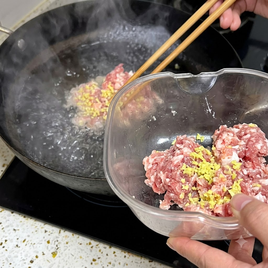 黒い中華鍋の沸騰したお湯に、菜箸を使って生姜入りのひき肉を入れている様子