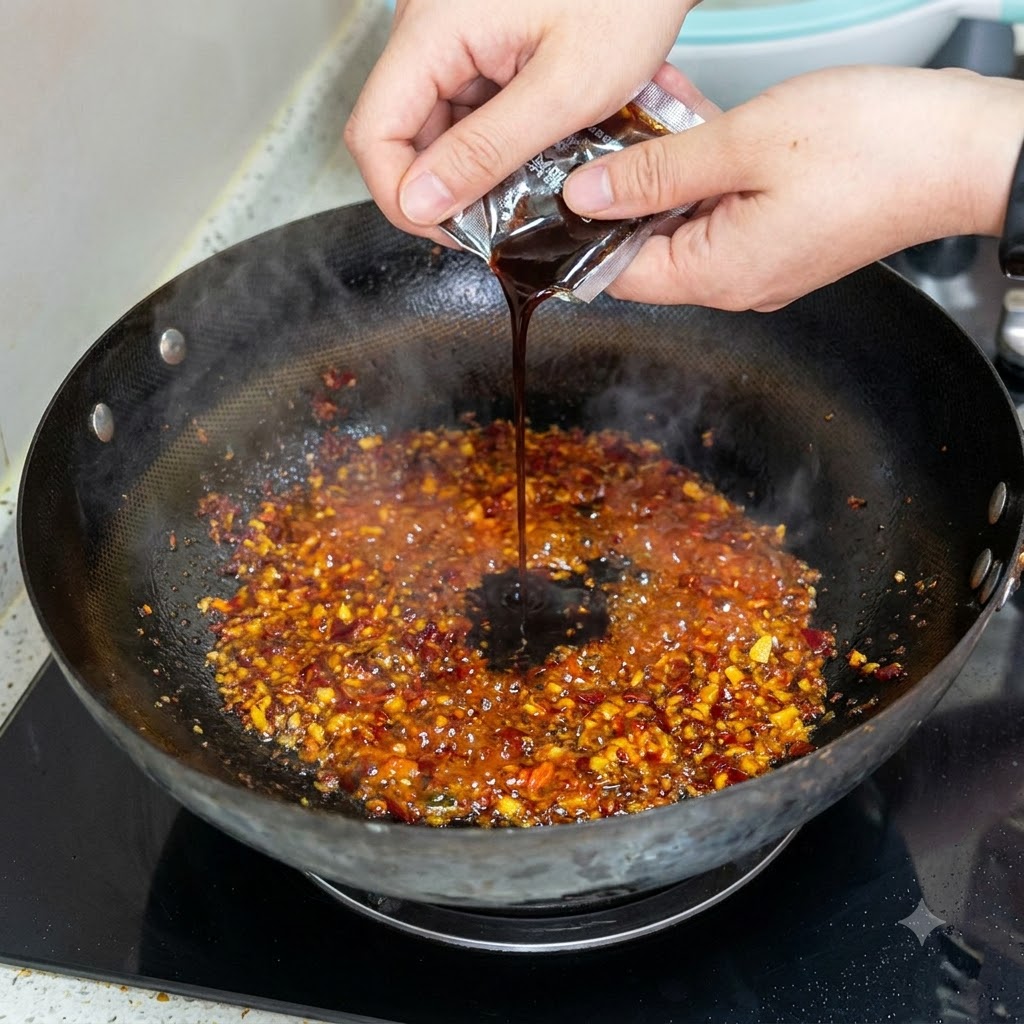 黒い中華鍋のジュージューと音を立てるチリオイルのベースに、パッケージから甜麺醤を注いでいる様子