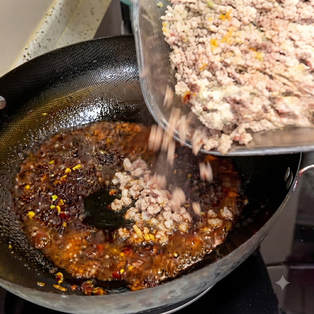ガラスボウルから赤く色づいた油の中華鍋へ、下茹でしたひき肉を移している様子