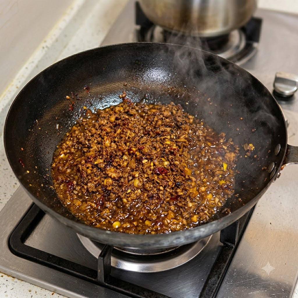 熱せられた中華鍋の中で湯気を上げながら炒められているひき肉