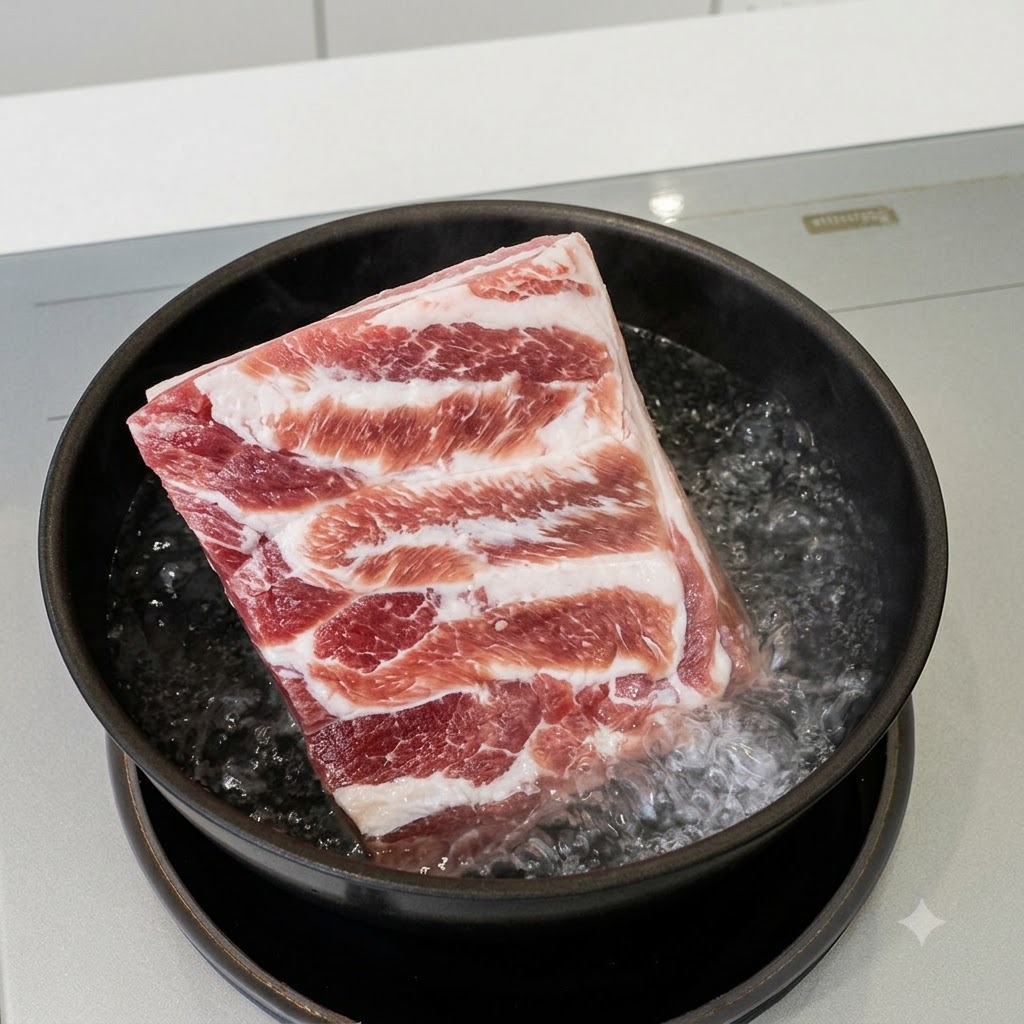 沸騰したお湯が入った浅い黒色の鍋の中で茹でられている、生の四角い豚バラ肉。