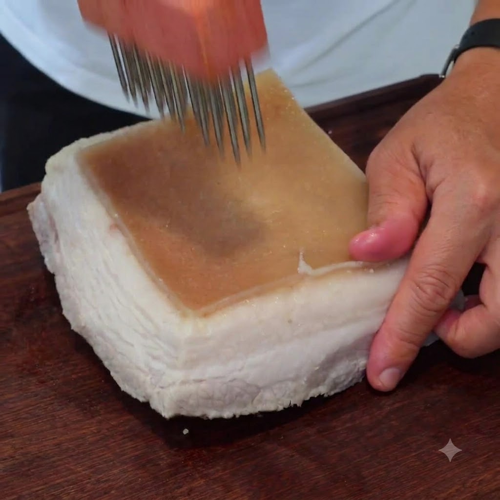 木製の持ち手がついたミートピエラーを持ち、豚バラ肉の硬い皮の層を何度も刺している人物の手。