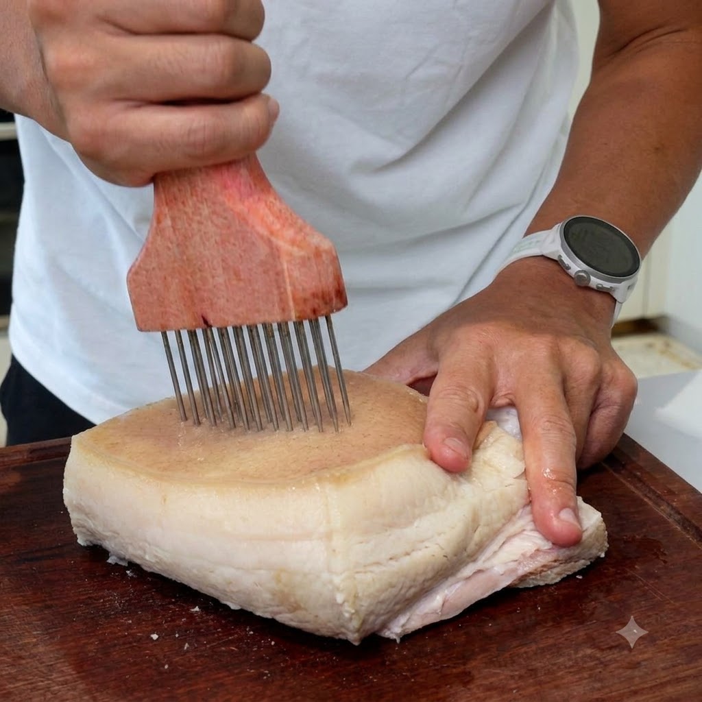 木製の台の上で裏返された豚バラ肉のブロックに、ミートピエラーをかざしている手。