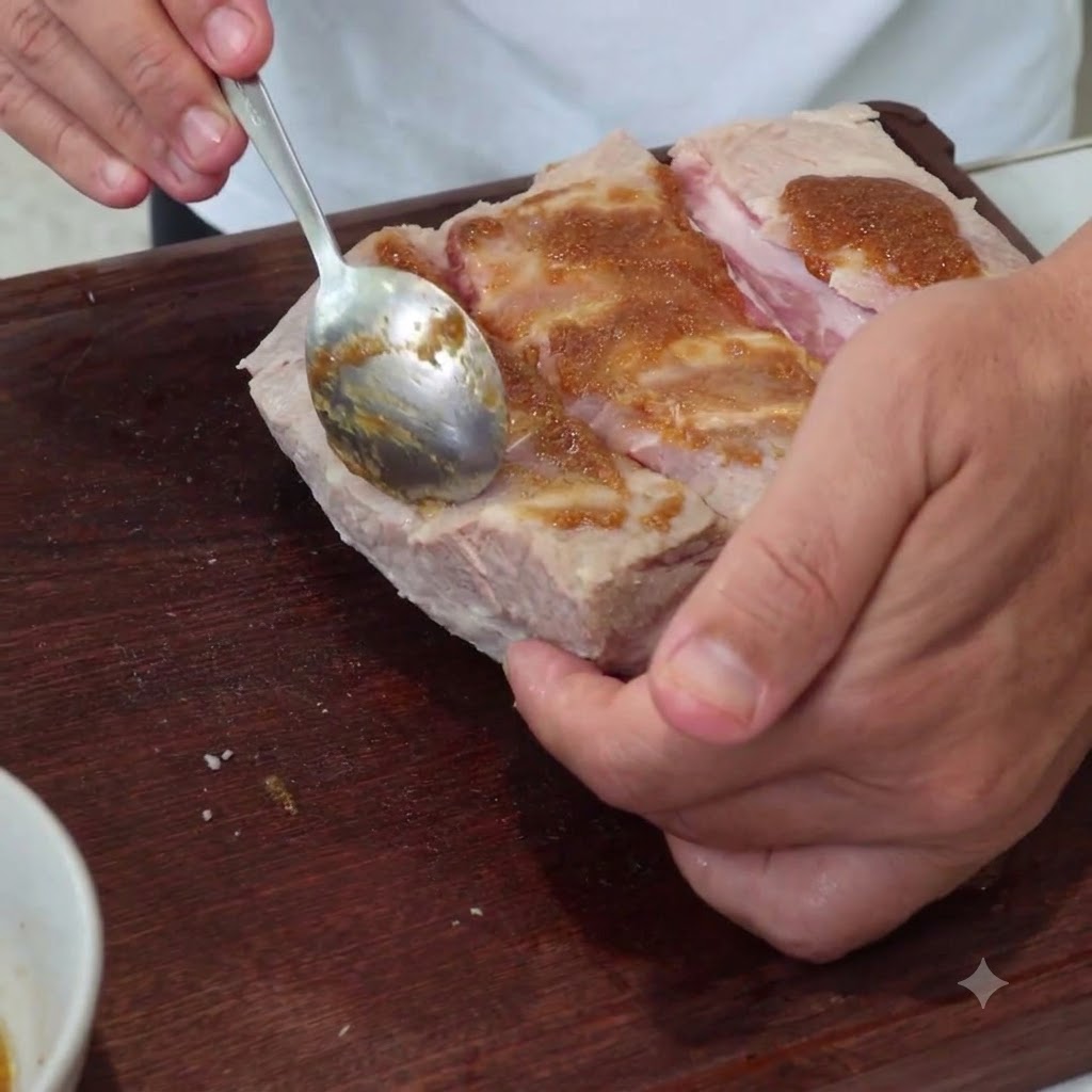 切り込みの入った豚バラ肉の表面に、スプーンで茶色の調味料ペーストを塗り広げている様子。