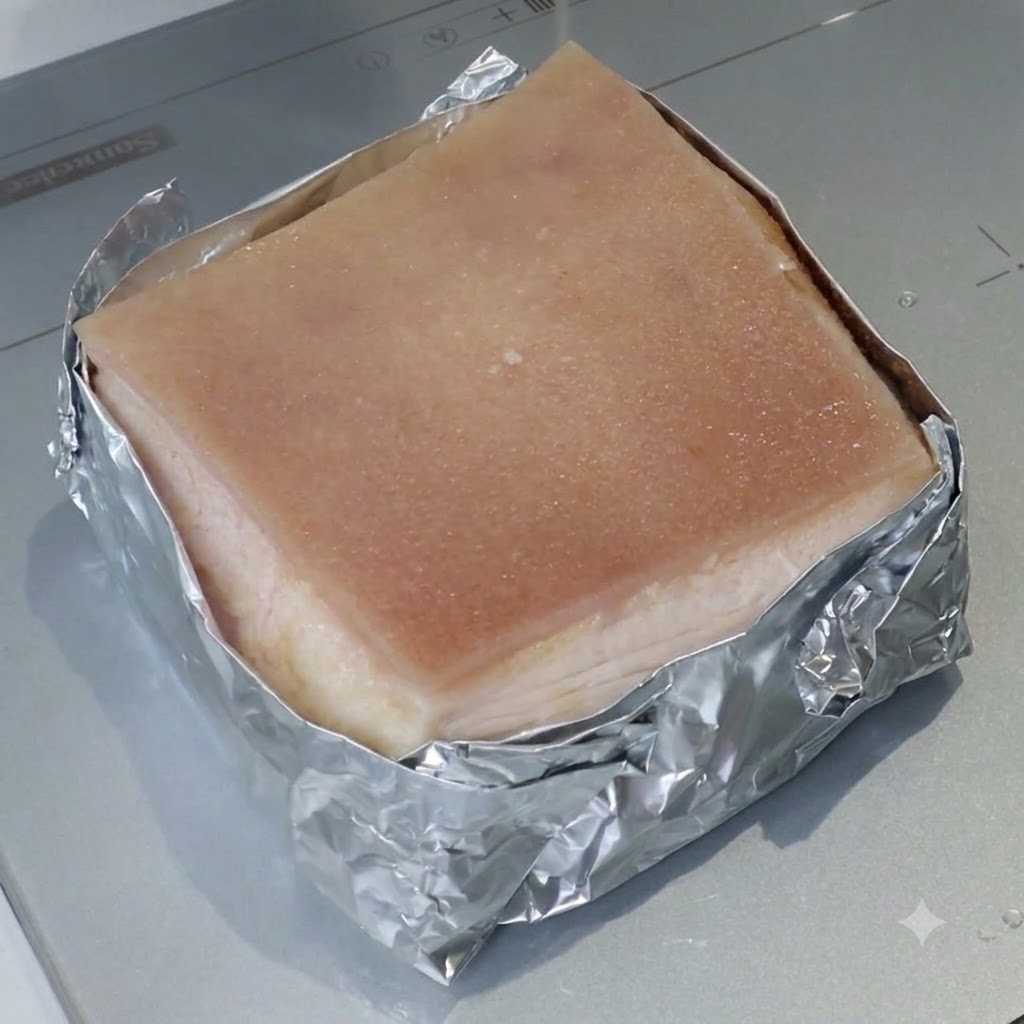 ホイルに包まれた豚バラ肉のブロックで、上の皮に液体状の混合液がハケで塗られている様子。
