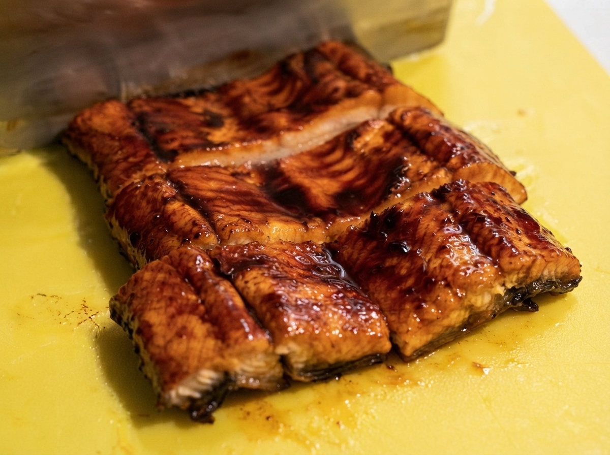 緑色のまな板の上で、包丁を使って照り焼きになったうなぎを食べやすい大きさに切り分けている様子