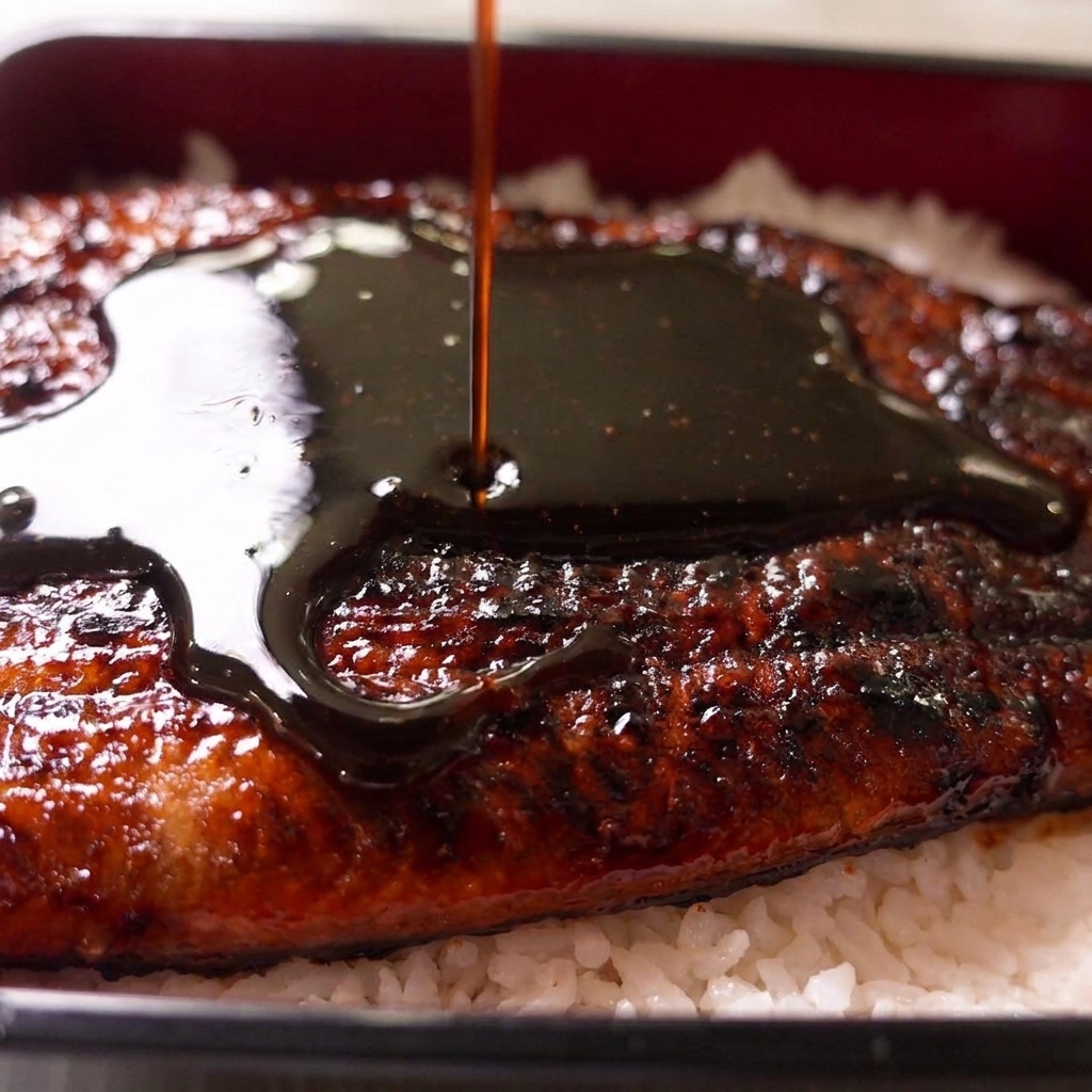 お弁当箱の中の白ご飯の上にのせられた焼きうなぎの上から、上空から濃厚な黒いタレが注がれている様子。