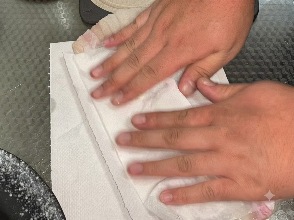 白いキッチンペーパーを使って、漬け込んだ生のうなぎの身の水分を優しく押さえている手。