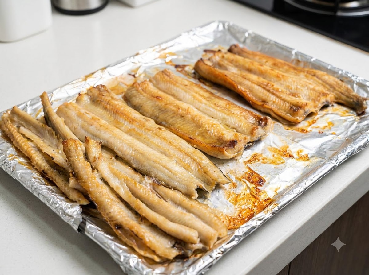 焼き途中のうなぎの切り身に、天板の上から刷毛で調理油を塗っているクローズアップ画像。