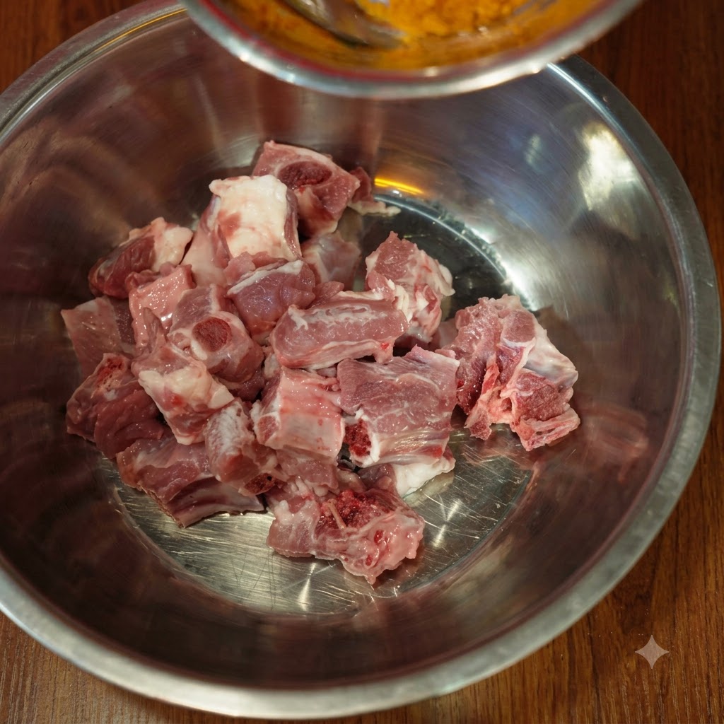 ボウルに入った生肉に小さな器からターメリックやスパイスを振りかけている様子
