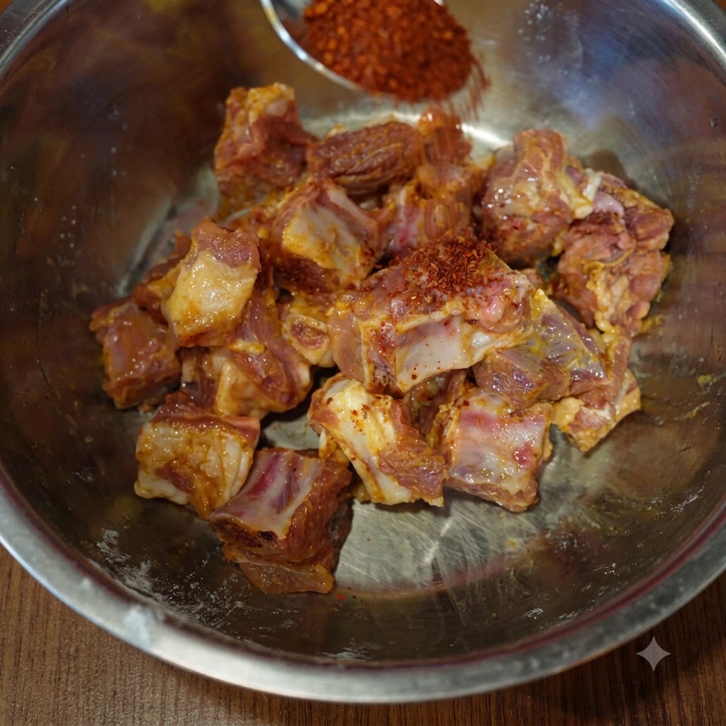 スチール製のボウルの中の味付けされた豚肉にチリフレークを入れている様子