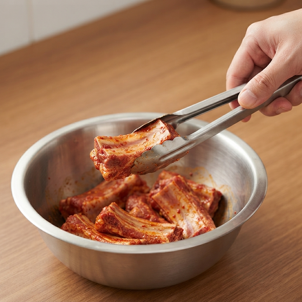 調理台の上で金属製のトングを使い、下味をつけた豚肉をつまんでいる様子