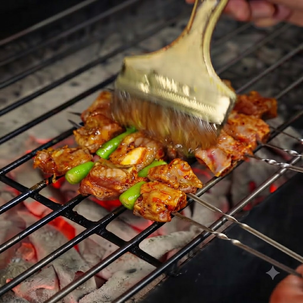 炭火の上で焼かれている串焼きに幅広のハケで油を塗っている様子