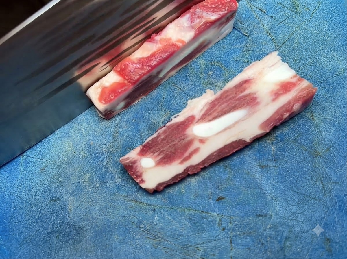 青いまな板の上で、鋭い包丁を使い生肉の豚スペアリブを食べやすい大きさに切り分けている様子。