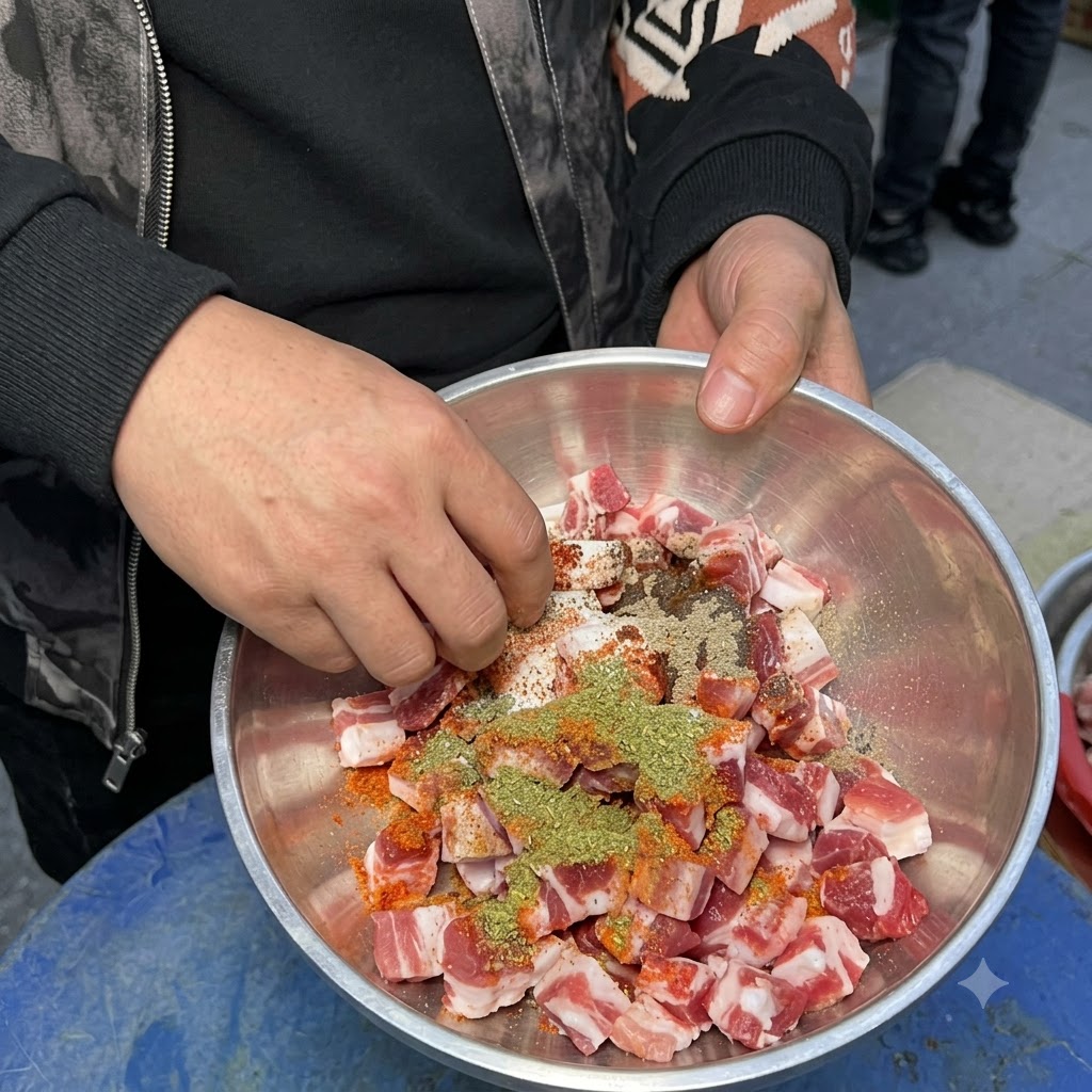 ジャケットと手袋を着用した人物が、ステンレス製のボウルの中で味付けされた豚肉のキューブを手で混ぜ合わせている様子。