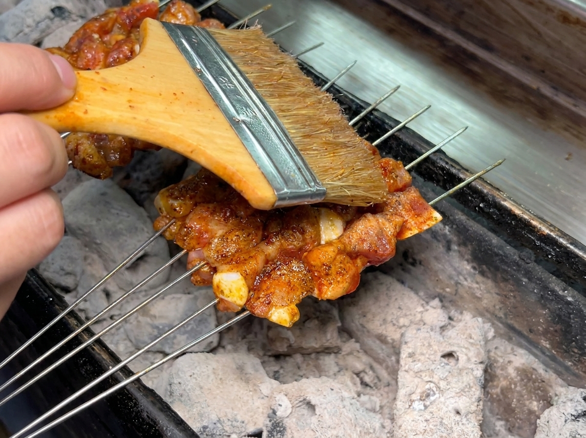 熱い炭火の上で焼かれている味付けされた豚肉の串に、木のハケを使って油を塗っている様子。