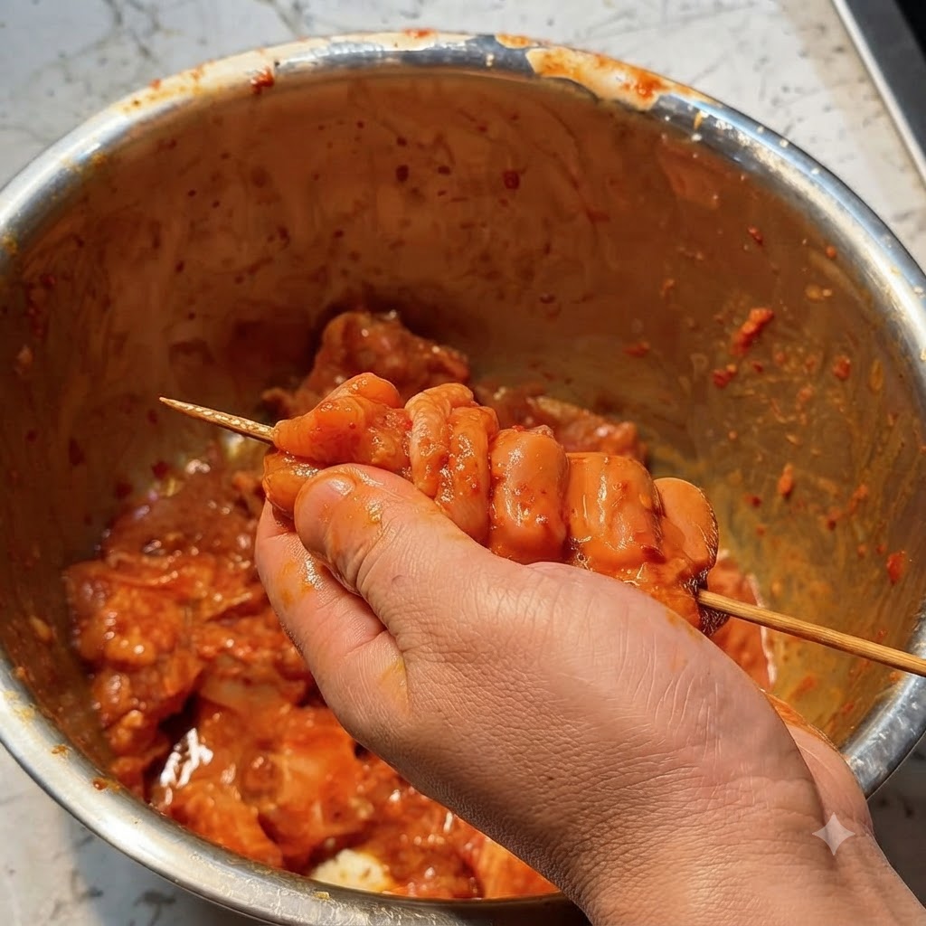 下味をつけた豚スペアリブの肉片を、木製の串に1本ずつ丁寧に刺しているところ。