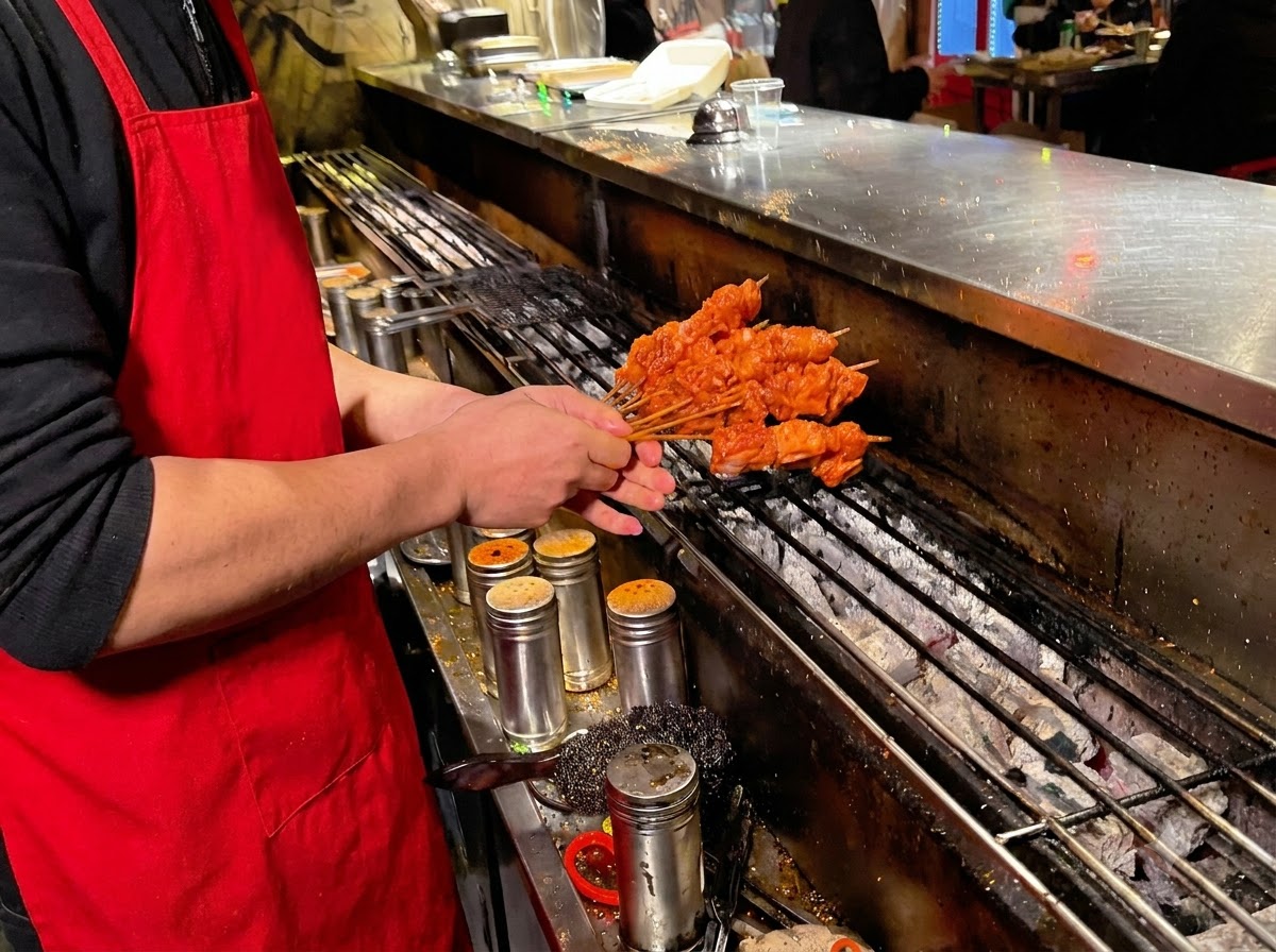 赤いエプロンを着た人が、串に刺した豚肉を火のついたチャコールグリルに並べて置いているところ。