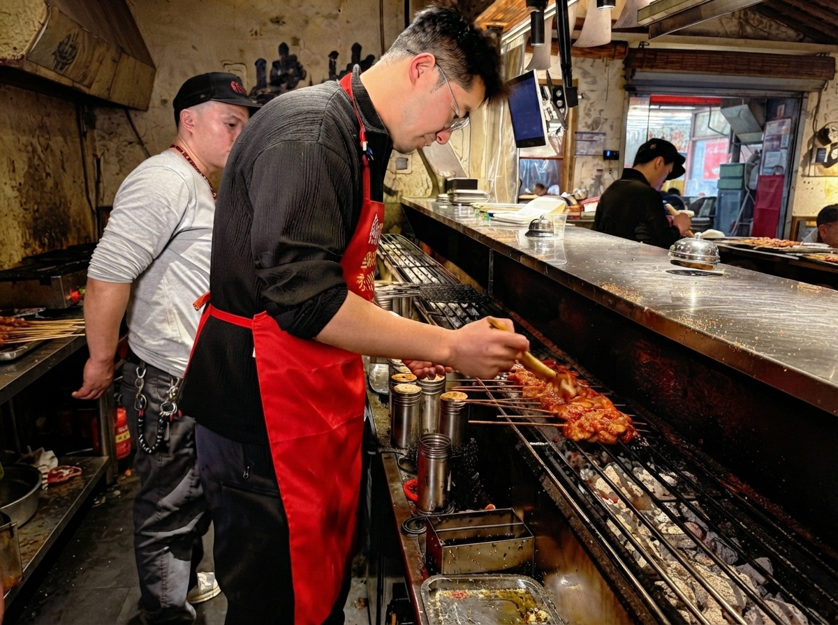 熱い炭火で焼かれている豚スペアリブの串に、油がハケで塗られているところ。