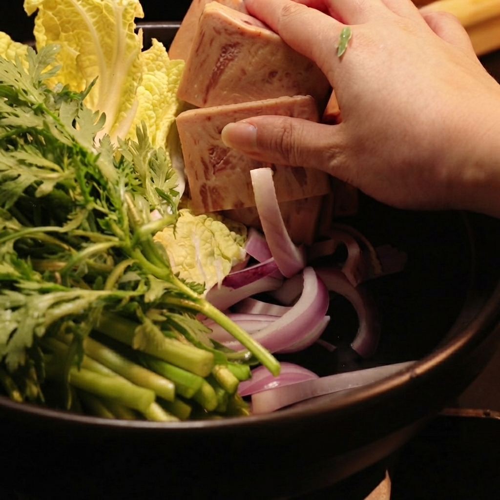 野菜と一緒に、スライスしたランチョンミートを鍋の中に並べている様子。