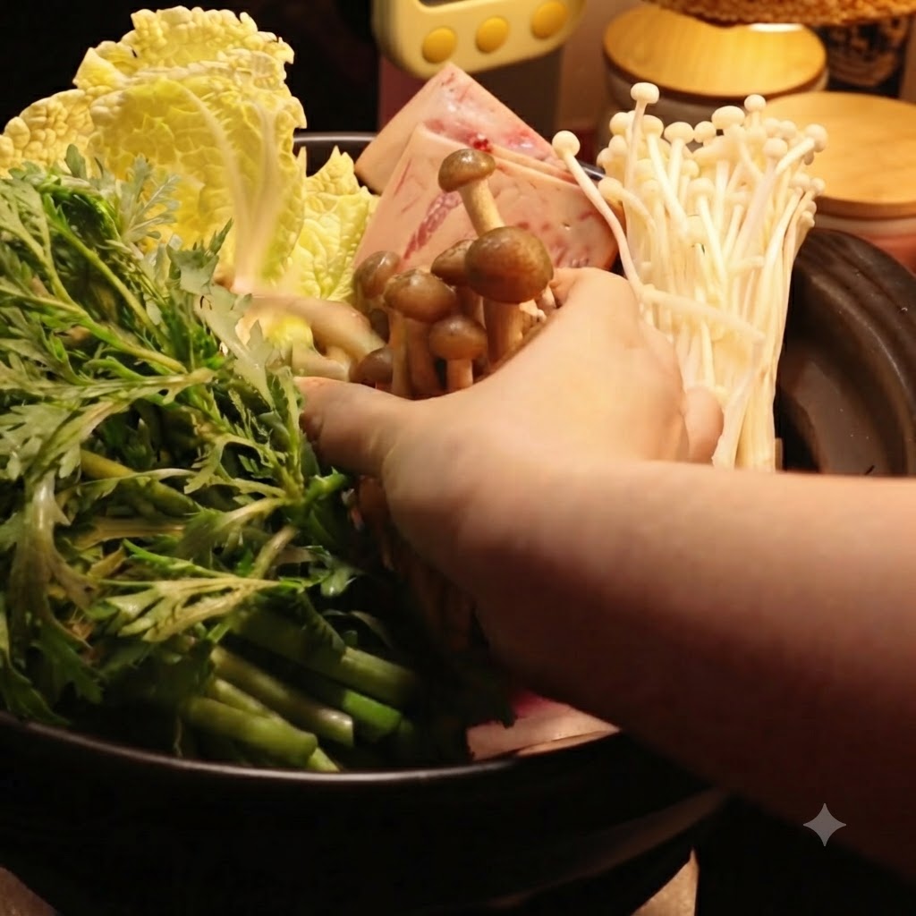 他の食材と一緒に、えのき茸としいたけを鍋に加えている様子。