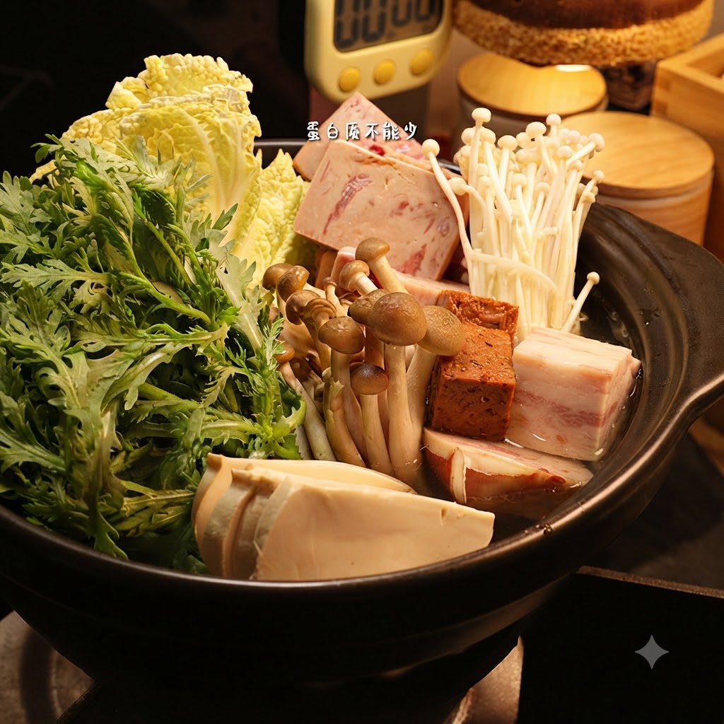 野菜やキノコ類が入った暗い色のセラミック鍋の中に、スライスした豆腐を並べている様子。