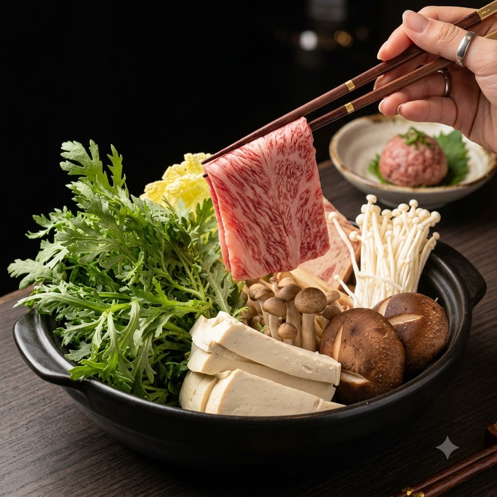 箸で、霜降りの牛肉のスライスを鍋の具材の上に持ち上げている様子。