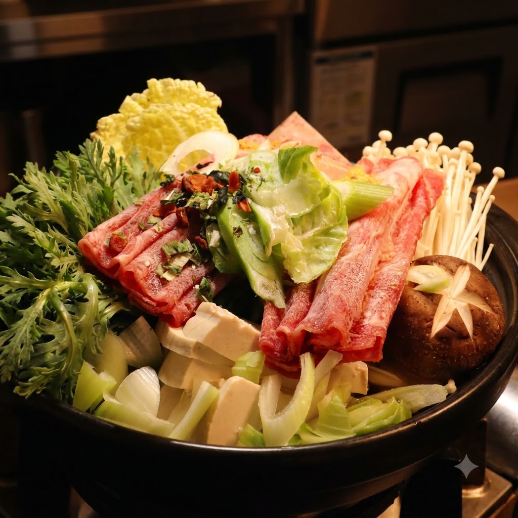 調理鍋の中の野菜や肉の上に、赤いソースの混合液を注ぎ入れている様子。