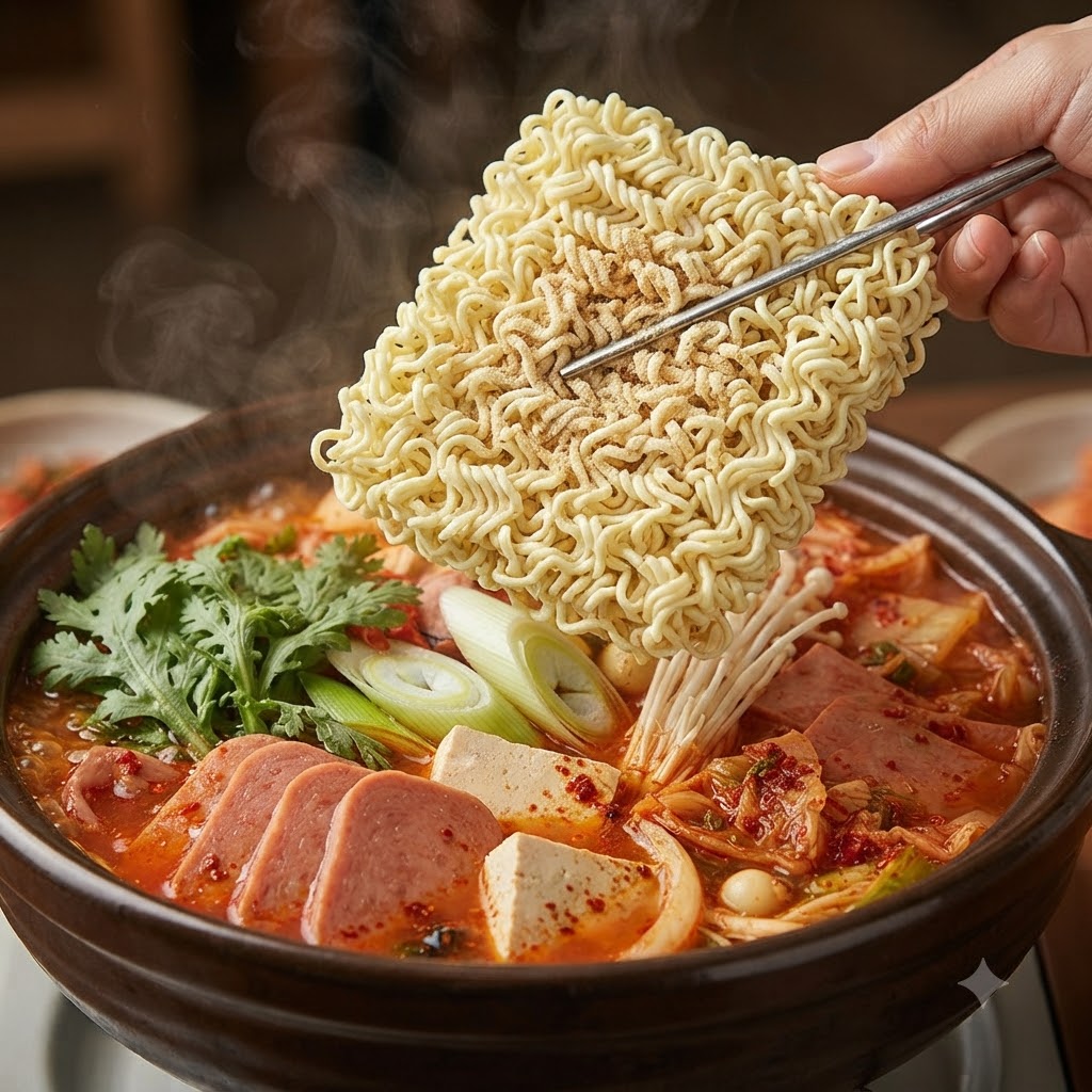 グツグツと煮立っている部隊チゲの具材の上に、インスタントラーメンの乾麺を置いている様子。