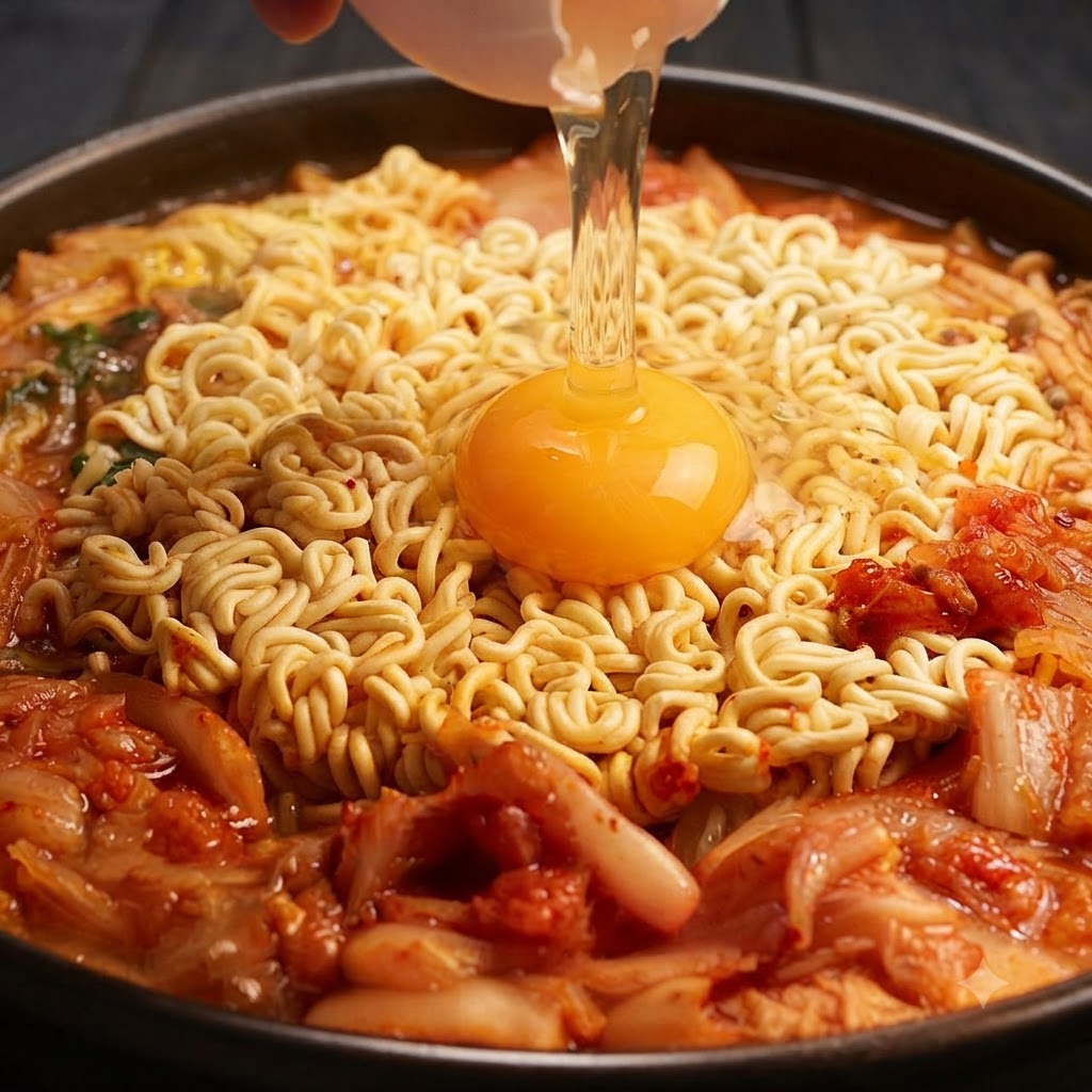 鍋の中のラーメンの中央に、黄身と白身が直接流れ落ちるように生卵を割っている様子。