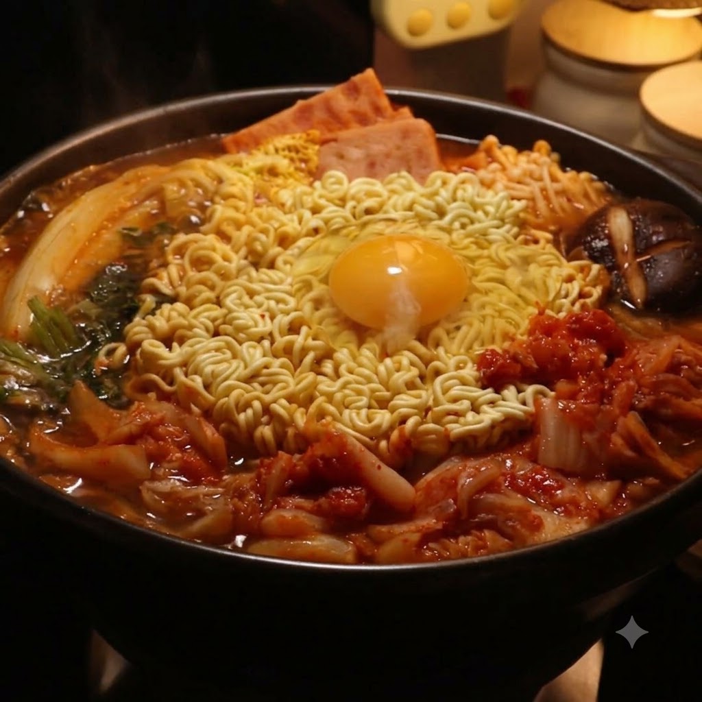 ラーメンと卵が入った部隊チゲの鍋に蓋をして煮込んでいる様子。