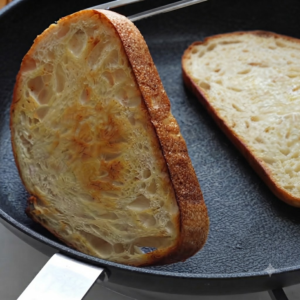 フライパンで焼いているサワードウのスライスを、トングでひっくり返してきつね色にしている様子。