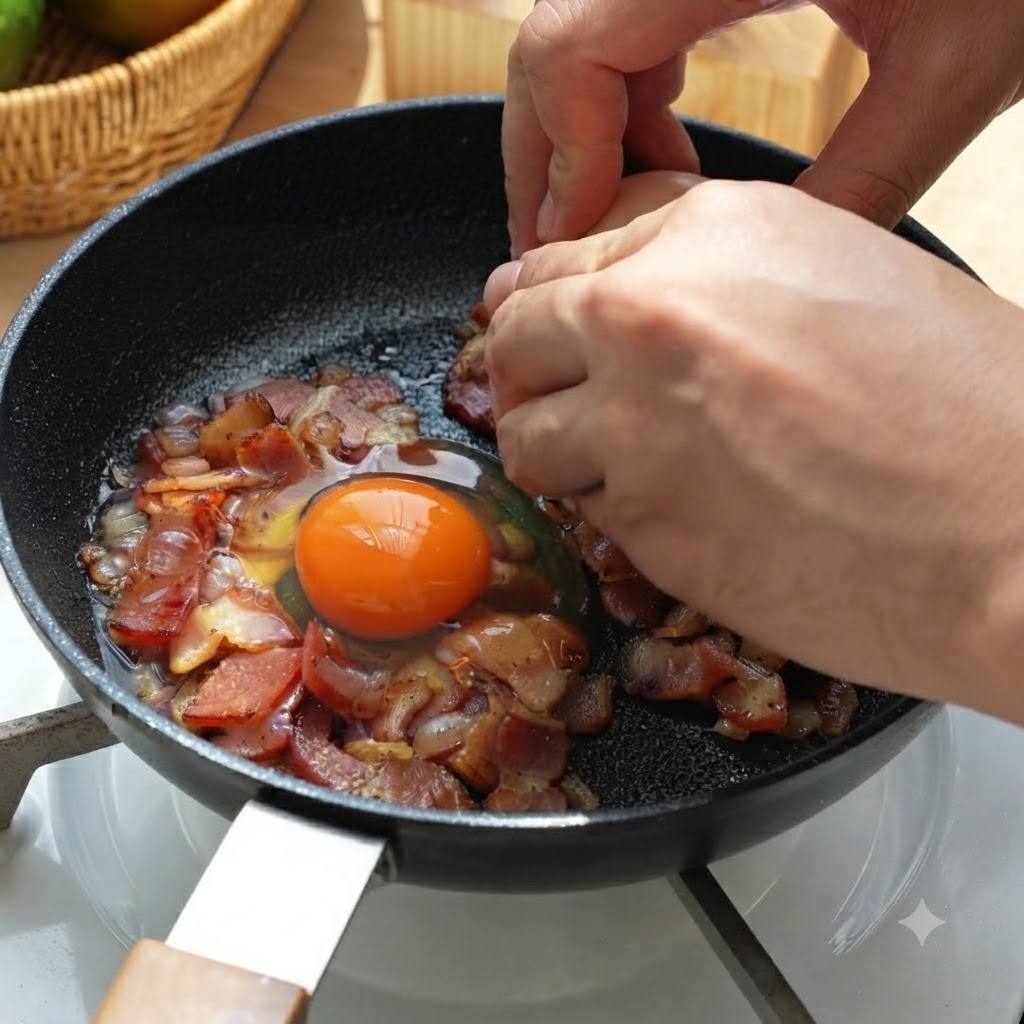 ベーコンと玉ねぎが入ったフライパンに、両手で卵を直接割り入れている様子。
