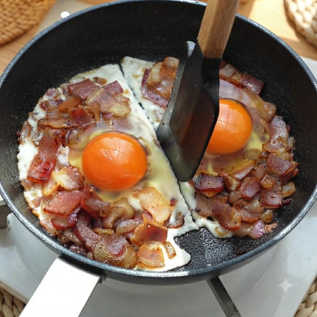 スパチュラを使い、フライパンの中心で調理中の2つの卵とベーコンのportionsを切り分けている様子。