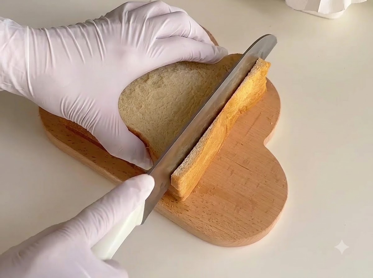 木製のまな板の上で、重ねた食パンの端をナイフで切り落としている様子。