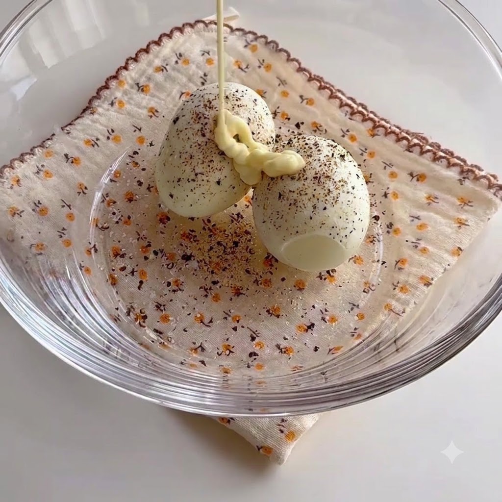 ボウルに入った味付けされたゆde卵の上に、チューブからマヨネーズが絞り出されている様子。