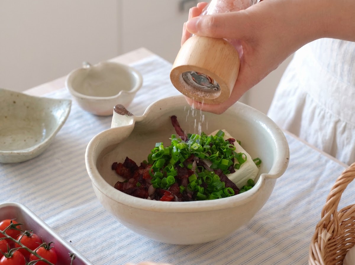 木製のグラインダーを使って、ボウルの中の材料に塩とこしょうが振りかけられている様子。