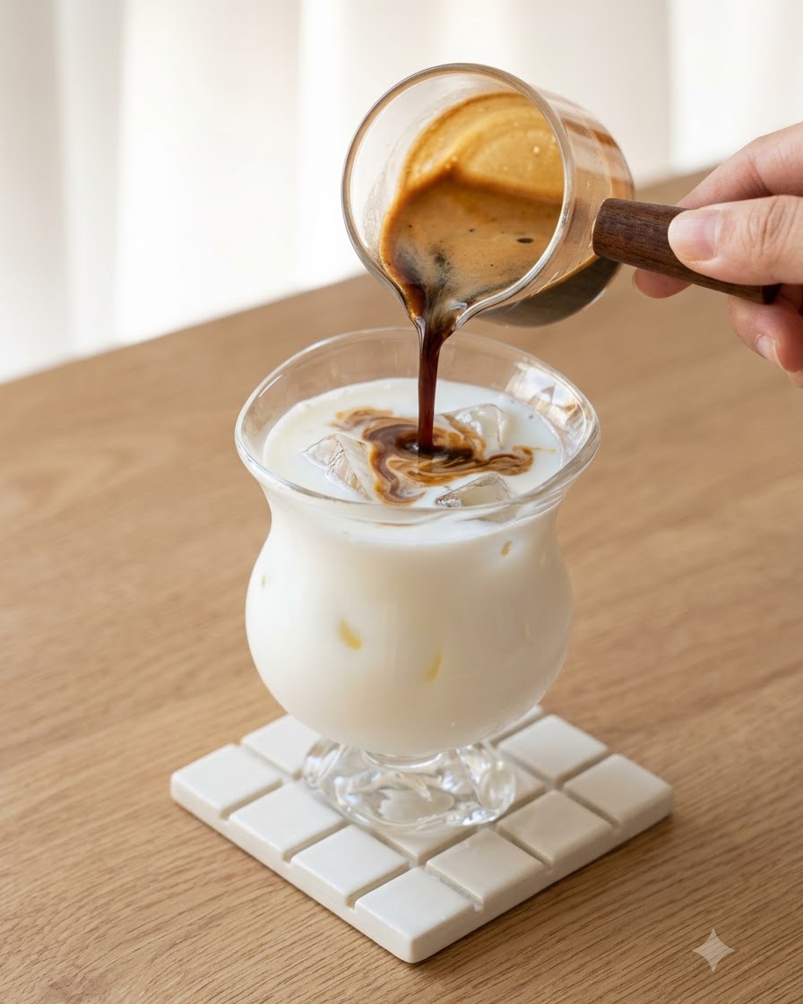 小さなガラスピッチャーから、牛乳と氷の入ったグラスへ濃厚なダークドリップコーヒーが注がれ、美しい渦巻き模様を作り出している様子。