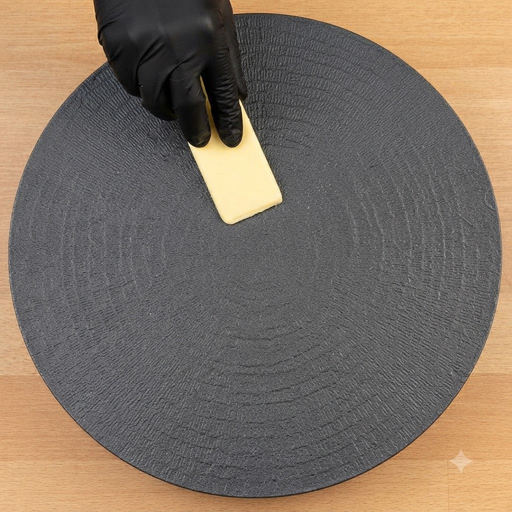 黒い手袋をつけた人物がスクレーパーを使って円形の黒いグリドル全体にバターを広げている様子。