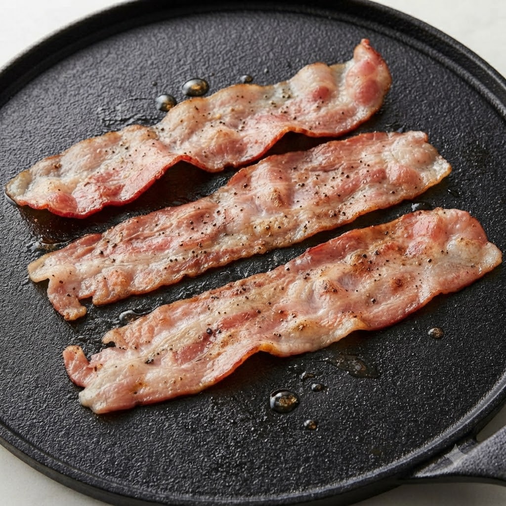 黒い鋳鉄製のフラットグリドル上で黒こしょうを振った生ベーコンの3枚の細切りがジューシーに焼けている様子。