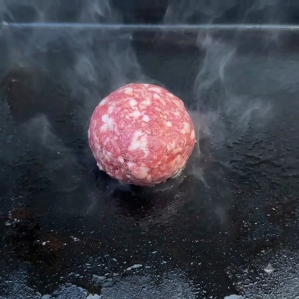 湯気の立ち込める熱々の黒いグリドルの上で、生ひき肉のボールが置かれている様子。