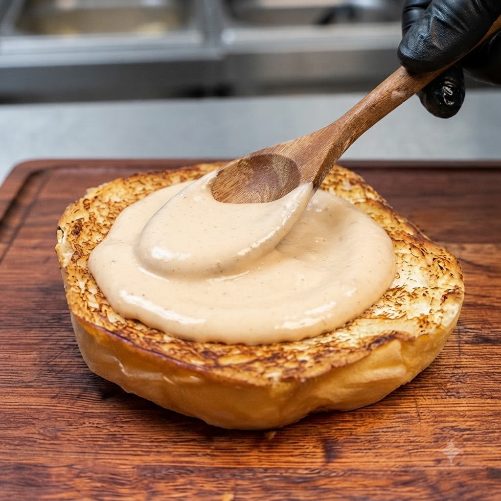 木製のボード上でトーストしたバーガーバンズに木製のスプーンでソースを塗っている様子。
