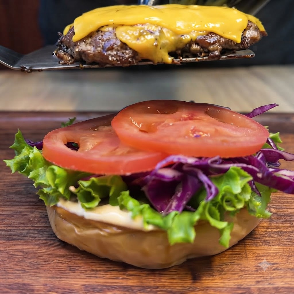 調理済みのバーガーの土台の上にスパチュラが溶けたチーズ付きビーフパティを載せているところ。