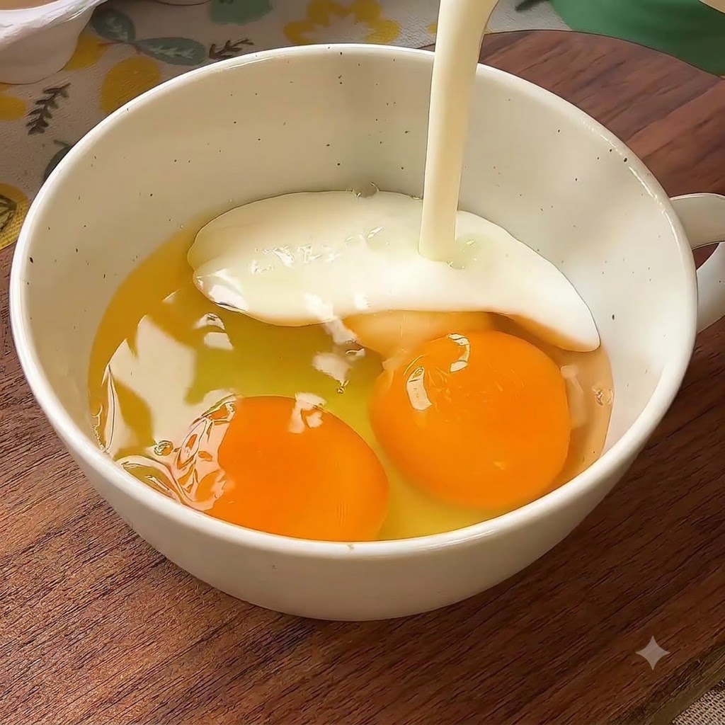 割った卵が入ったボウルに注ぎ入れられる牛乳。