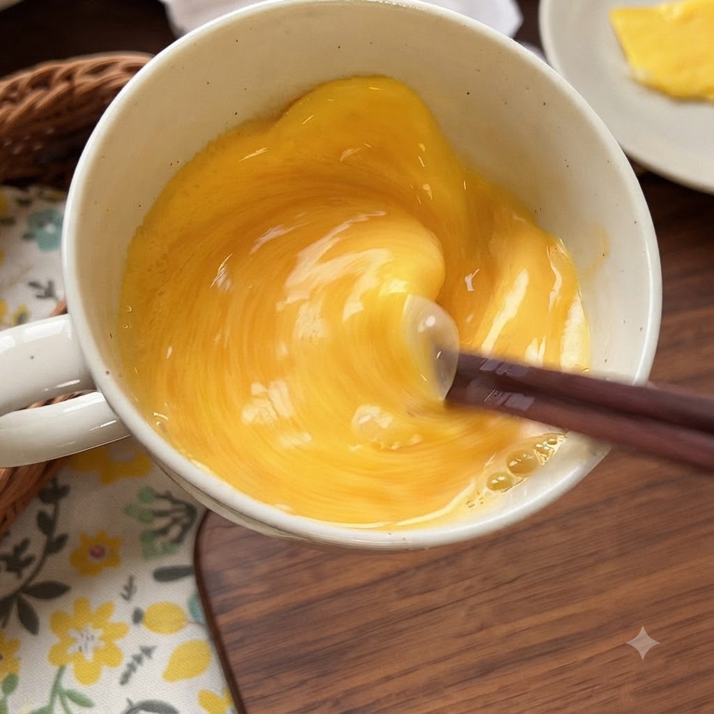 ボウルの中で箸を使って卵と牛乳をかき混ぜている様子。