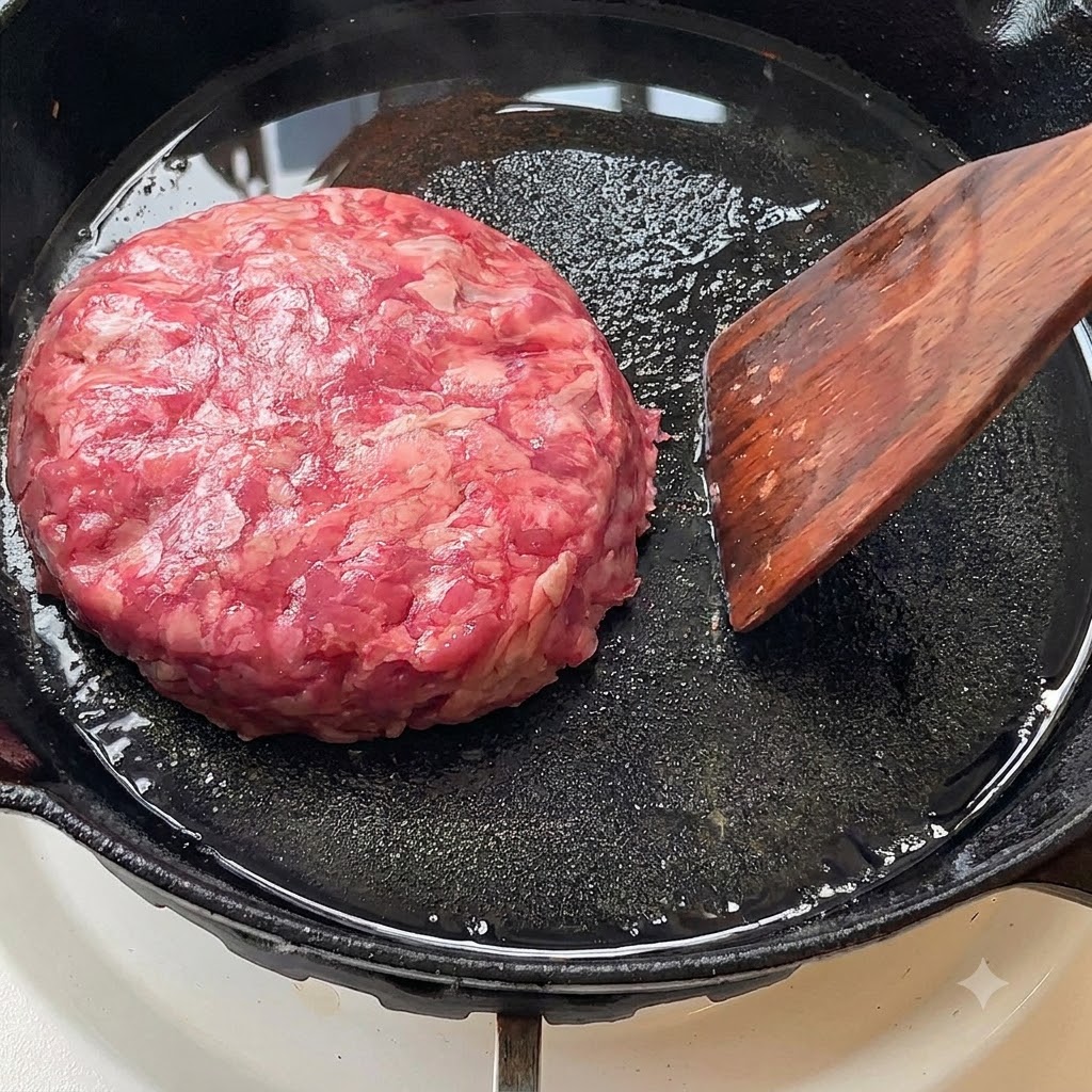 油を引いたスキレットで生のビーフパティが焼かれている様子。